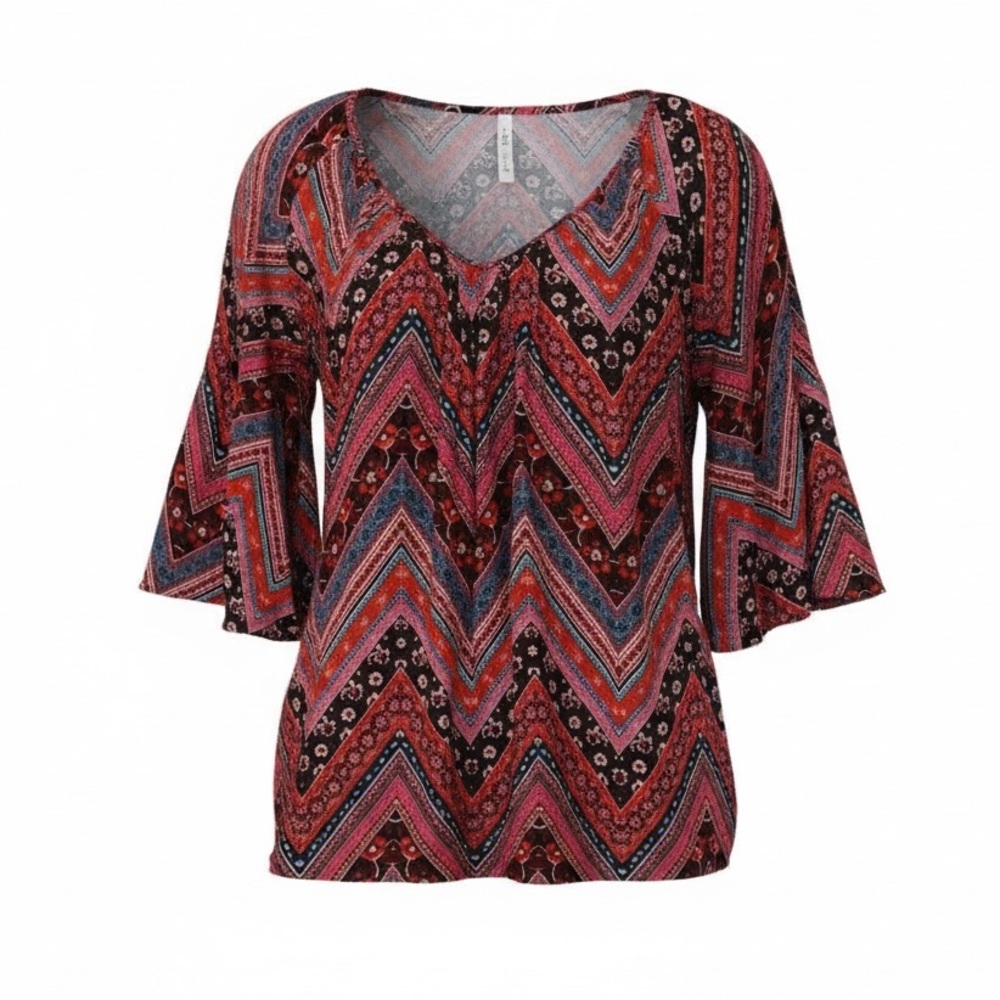 Bohemian Multicolor Chevron Floral Top Size L Red Pink Purple Bell Sleeves
